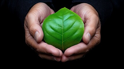 Wall Mural - Protecting Nature's Heart: A pair of hands gently cradles a vibrant green leaf, symbolizing environmental care, sustainability, and the preservation of our planet.