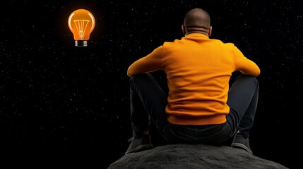 The Spark of Innovation: A man sits alone on a rock, gazing at a glowing light bulb in the distance, symbolizing the pursuit of inspiration and groundbreaking ideas.