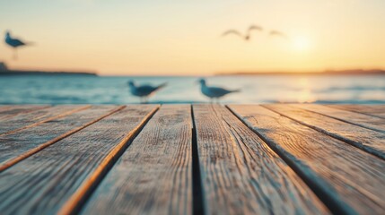 Poster - Wooden table near beach with seagulls flying at sunset, creating peaceful coastal vibe