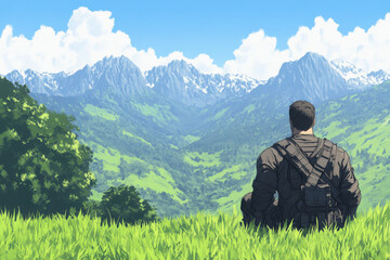 Wall Mural - A man sits on a hillside overlooking a mountain range