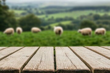 Poster - Wooden table overlooking sheep grazing in a green field