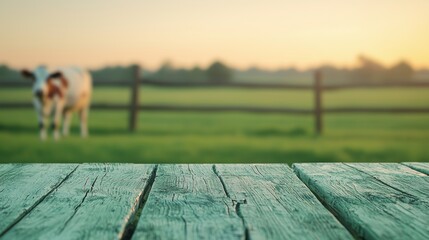 Fototapete - Empty wooden table inviting you to admire a cow grazing in a farm at sunrise