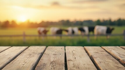 Fototapete - Wooden table on farm with blurred background of cows by fence at sunset
