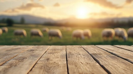Poster - Wooden table with sheep grazing on pasture at sunset