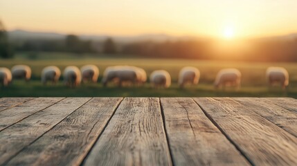Fototapete - Empty wooden table overlooking sheep grazing in a field at sunset