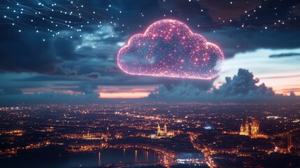Wall Mural - Glowing Cloud Symbol Over Global Map at Dusk with Stars