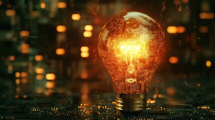 Aufkleber - Bright filament shines brilliantly in a surreal environment, casting a warm glow over abstract patterns and soft lights. The atmosphere combines elegance and technology seamlessly