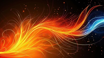 Fototapete - Abstract vibrant wave of orange and blue light flowing through a dark background with sparkles