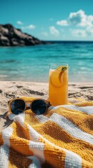 Poster - Vibrant yellow beach towel lays on warm sand beside a chilled citrus drink, evoking a sense of relaxation on a sunny beach. The turquoise waves gently lap at the shore, enhancing the serene escape