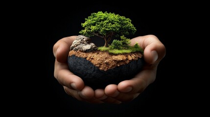 Wall Mural - Holding the Earth: A pair of hands cradles a miniature world, showcasing a small tree, rocks, and soil against a black backdrop.