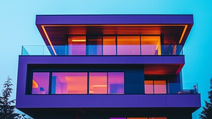 Aufkleber - Nestled in Vancouver, this striking modern home presents bold design and vivid lighting against a twilight backdrop, revealing sleek lines and inviting spaces