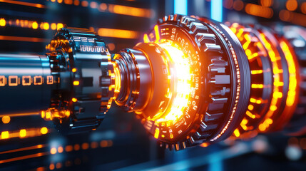 Poster - futuristic hydroelectric generator with glowing components and flowing water, showcasing advanced technology and energy production