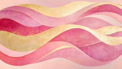 Poster - A pink and gold background with wavy lines, light purple, soft curves, light white, organic fluid shapes, and light red lines