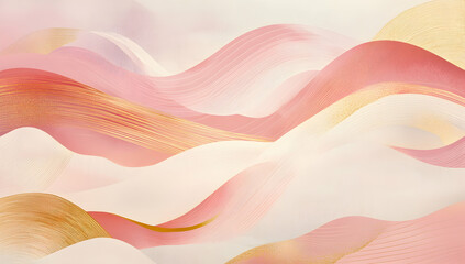 Poster - A pink and gold background with wavy lines, light purple, soft curves, light white, organic fluid shapes, and light red lines