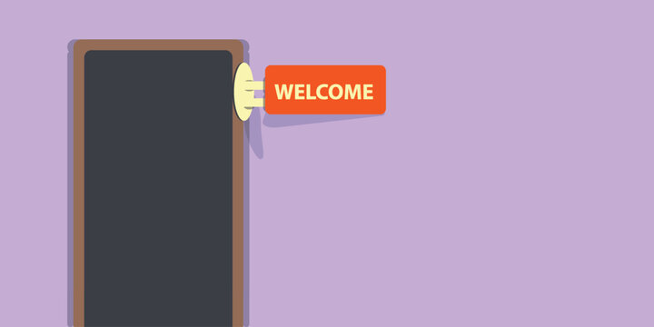 Welcome signage hanging banner on door vector illustration design background