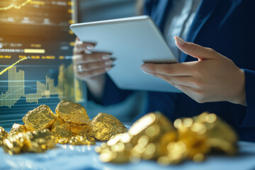 Aufkleber - businesswoman analyzing gold investment data on tablet, with gold nuggets and financial charts in foreground