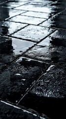 Aufkleber - Glistening black tiles create a mesmerizing reflection as rainwater pools on the surface. The urban landscape feels serene and evocative, inviting contemplation in the aftermath of a downpour