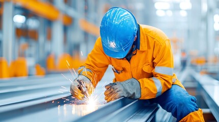 Poster - Construction Worker Welding Steel Beams, a dedicated individual in a safety helmet skillfully joining steel beams at a bustling construction site, surrounded by tools and machinery.