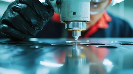 Poster - Metal Fabricator Shaping Steel Sheets, a skilled craftsman operates machinery to meticulously cut and form robust metal components in a workshop environment.