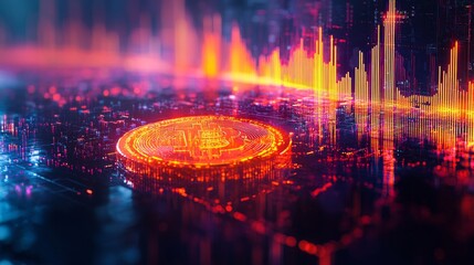 Poster - Illuminated bitcoin rests on a reflective surface, surrounded by dynamic colors and abstract digital patterns. This captivating scene conveys the brilliance and energy of modern finance