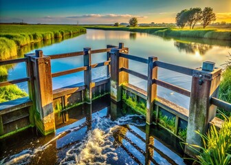 Canvas Print - Dutch Polder Watergates at Dawn: Spring Macro Photography