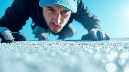 Poster - Roofer Installing Shingles, skilled professional working diligently under the bright sun, securing shingles with precision on a residential rooftop, showcasing craftsmanship and dedication