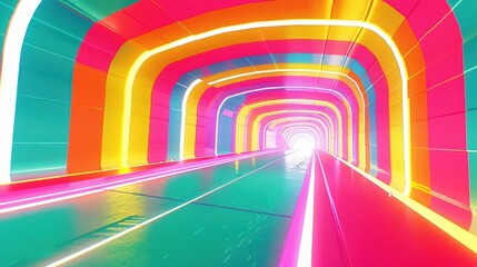 Poster - Vibrant neon tunnel with colorful arches leading to a bright light, evoking a sense of motion
