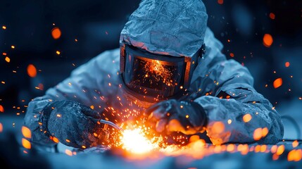 Poster - Welder in Action, Skilled tradesman in protective gear skillfully fusing metal parts, dynamic sparks flying, showcasing dedication and craftsmanship in a workshop environment