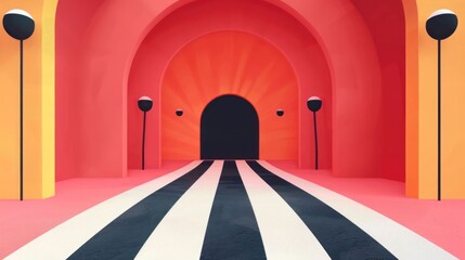 Poster - Vibrant geometric archway with striped pathway leading to a dark entrance, surrounded by colorful walls