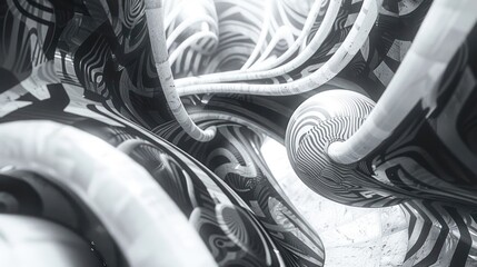 Poster - Abstract black and white 3D rendering of intricate curved structures and patterns
