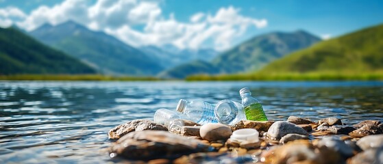 Wall Mural - Breathtaking mountain lake landscape with crystal clear waters rocky shoreline and majestic snowy peaks reflected in the calm surface  Peaceful and tranquil natural scene in a remote