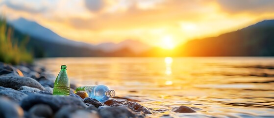 Wall Mural - Breathtaking sunset over a serene mountain lake with discarded bottles and debris scattered along the rocky shoreline