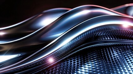 Fototapete - Abstract metallic waves reflecting light, creating a dynamic visual effect in a dark environment