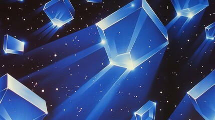 Fototapete - Abstract depiction of floating blue crystals in a starry space, creating a cosmic atmosphere