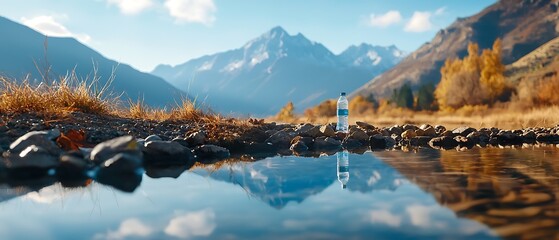 Wall Mural - Breathtaking view of a towering snow capped mountain peak reflected in the calm still waters of an alpine lake surrounded by vibrant autumn foliage and a serene picturesque landscape