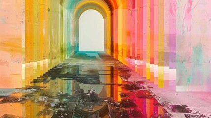 Aufkleber - Vibrant abstract corridor with colorful reflections and light effects creating a surreal atmosphere