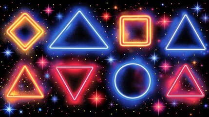 Aufkleber - Vibrant Neon Geometric Shapes Against a Cosmic Background with Colorful Stars