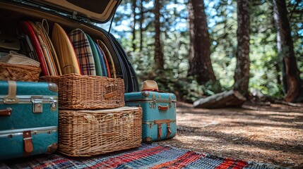 Poster - Packed car trunk with suitcases surfboards and picnic baskets ready for an epic summer road trip adventure Stock Photo with side copy space