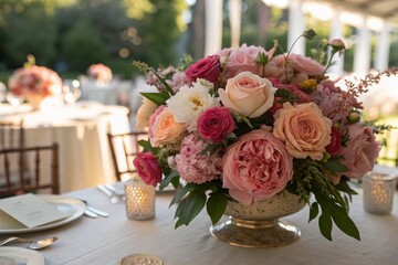 Wall Mural - Elegant Rose & Peony Floral Centerpiece on Table - Candid Stock Photo