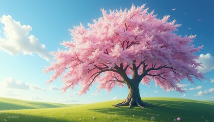 Wall Mural - A picturesque cherry blossom tree with pink flowers stands on a lush green hill under a clear blue sky with a few white clouds, evoking a sense of calm and mild weather