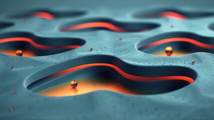 Fototapete - Abstract close-up of fluid-like surface with glowing contours and droplets in a serene environment