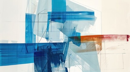 Poster - Abstract composition featuring bold blue and orange strokes on a light background with geometric shapes