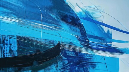 Poster - Abstract blue and black painting with dynamic brush strokes conveying movement and energy
