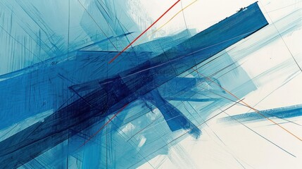 Poster - Abstract blue and white painting featuring dynamic brush strokes and layered textures
