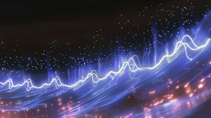 Fototapete - Abstract visualization of flowing blue and white light waves with glowing particles in a dark setting