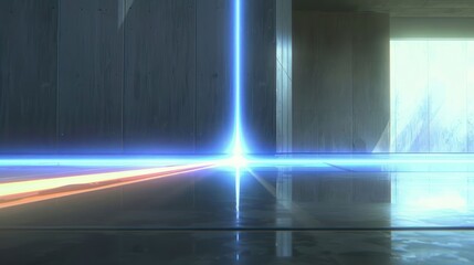 Poster - Futuristic interior with glowing light beam reflecting on polished floor, creating an ethereal atmosphere