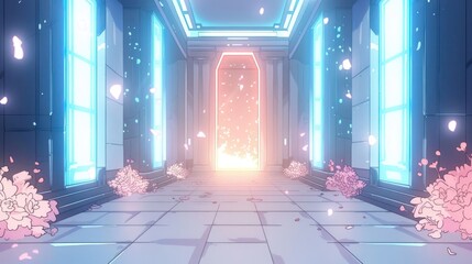 Poster - Bright futuristic corridor illuminated by glowing lights and surrounded by cherry blossoms