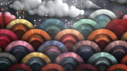 Poster - Colorful abstract landscape with layered arcs, clouds, and whimsical flowers in a dreamy setting