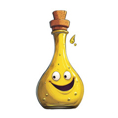 Aufkleber - A cheerful cartoon illustration of a yellow bottle with a cork,  smiling, and with oil droplets spilling.