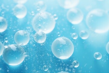 Poster - Beautiful abstract macro shot of bubbles floating on a vibrant, light blue background, creating a mesmerizing visual